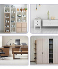 Four furniture setups featuring bookshelves, desks, and cabinets, showcasing modern home and office design styling.