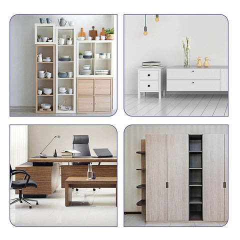 Four furniture setups featuring bookshelves, desks, and cabinets, showcasing modern home and office design styling.