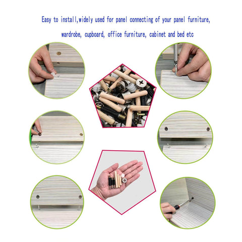 Effortless furniture assembly with a 300-piece 3-in-1 connecting hardware set diagram, showing cam locks and dowel installation.