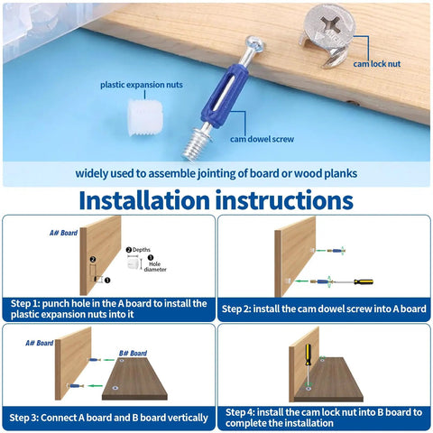 Installation instructions for All In One 285Pcs 3 In 1 Eccentric Wheels Kit For Furniture Assembly With Cam Lock Fasteners.