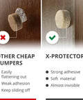 Comparison of X-Protector and other bumpers on wood surface highlighting adhesive quality and material softness.