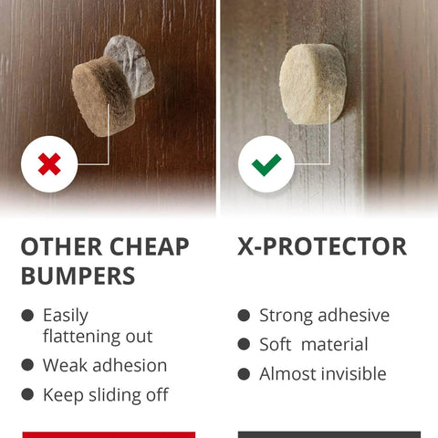 Comparison of X-Protector and other bumpers on wood surface highlighting adhesive quality and material softness.
