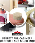 X-Protectors for cabinets and furniture, showcasing felt pads and various uses for home and office protection.