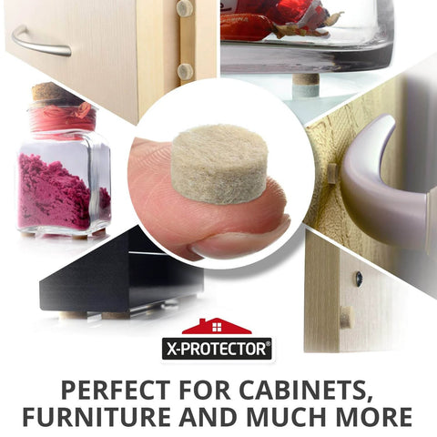 X-Protectors for cabinets and furniture, showcasing felt pads and various uses for home and office protection.
