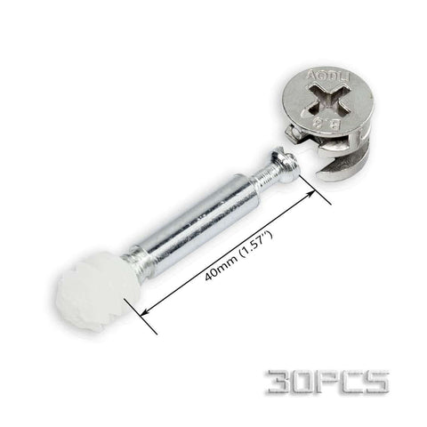 3 in 1 furniture connecting fittings kit with 30 cam fittings, dowels, and pre-inserted nuts shown with measurement details