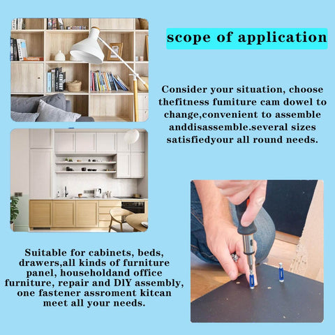 124 Piece Furniture Cam Locks Hardware Set With Cam Nuts, Cam Lock Screws, Plastic Expansion Nuts, Wood Dowels And Twist Lock Fasteners For Cabinets Drawers And Dressers Black Finish displayed with installation examples and usage scope.