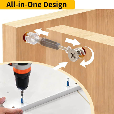138Pcs Cam Locks For Assortment Kit with 3 In 1 Eccentric Hardware Wheels shown in cabinet assembly
