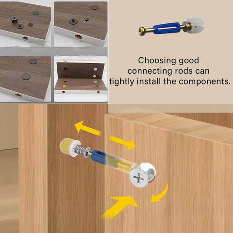 124 Piece Furniture Cam Locks Hardware Set With Cam Nuts, Cam Lock Screws, Plastic Expansion Nuts, Wood Dowels And Twist Lock Fasteners For Cabinets Drawers And Dressers Black Finish, showing installation in wood panels