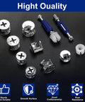 Close-up of Versatile 120Pcs Cam Lock Furniture Hardware Kit showing various cam locks, dowels, and fasteners on dark background.