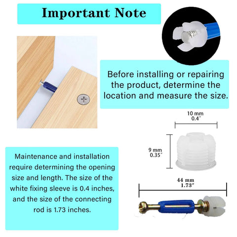 124 Piece Furniture Cam Locks Hardware Set With Cam Nuts, Cam Lock Screws, Plastic Expansion Nuts, Wood Dowels And Twist Lock Fasteners For Cabinets Drawers And Dressers Black Finish installation guide showing size measurements and connection details.