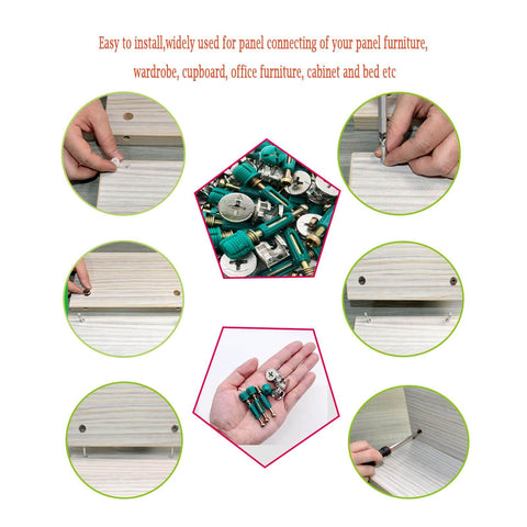 Effortless furniture assembly with a 50 set 3 in 1 cam lock hardware kit, featuring dowels, pre inserted and cam lock nuts in use