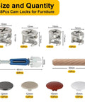 Image showing 138Pcs Cam Locks For Assortment Kit With various cam sizes, M6 rods, wood pins, and color caps for cabinets and drawers.