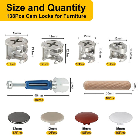 Image showing 138Pcs Cam Locks For Assortment Kit With various cam sizes, M6 rods, wood pins, and color caps for cabinets and drawers.