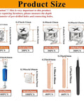 Cam Locks For Furniture Kit With 380 Pieces Including 300 Multi Size Cam Bolts And Nuts, 80 Wood Dowel Pins, 3 In 1 Eccentric Wheel Fasteners For Cabinets Wardrobes And Drawers, shown with detailed product size measurements.