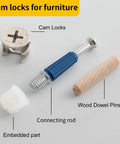 138Pcs Cam Locks For Assortment Kit showing cam lock, connecting rod, wood dowel pin, and embedded part for furniture assembly.