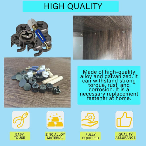 124 Piece Furniture Cam Locks Hardware Set With Cam Nuts, Cam Lock Screws, Plastic Expansion Nuts, Wood Dowels And Twist Lock Fasteners For Cabinets Drawers And Dressers Black Finish displayed with components on a table.