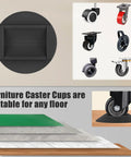 4 Pack 3x3 Inch Furniture Stopper Cups, Premium Solid Rubber Wheel Stoppers for Sofas, Beds and Chairs, different floor types shown