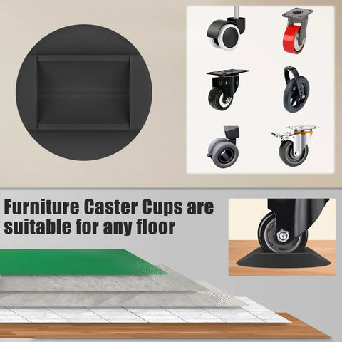 4 Pack 3x3 Inch Furniture Stopper Cups, Premium Solid Rubber Wheel Stoppers for Sofas, Beds and Chairs, different floor types shown