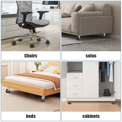 4 Pack 3x3 Inch Furniture Stopper Cups used under chairs, sofas, beds, and cabinets to protect floors and prevent scratches.