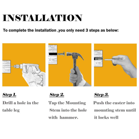 Illustrated installation steps for 1 Inch Swivel Stem Ball Caster Wheel Zinc Alloy Antique Brass with Socket Mount