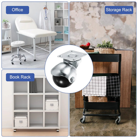 1.5 Inch Ball Caster Wheels for Furniture Swivel Casters With Top Plate Mount Silver Pack of 4, shown in various furniture applications