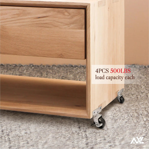 L Shaped Side Mount Furniture Casters With Locking 2 Inch Wheels Heavy Duty 500 Lbs Capacity installed on wooden cabinet