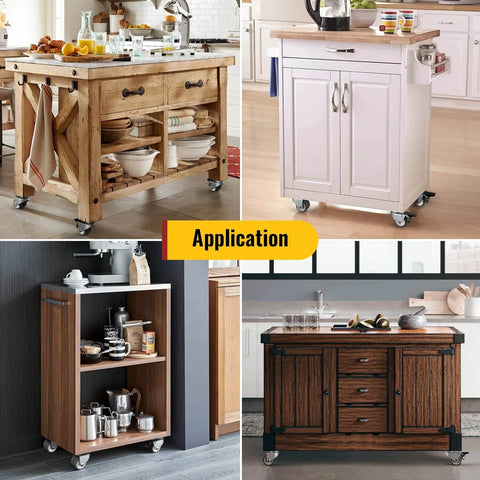 Various furniture pieces equipped with 2 Inch Swivel Caster Wheels Set of 4 Heavy Duty Twin Wheel Casters with Total Lock Design in kitchen settings.