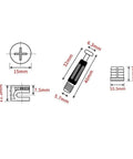 Diagram of 3 in 1 furniture connecting fittings kit with 30 cam fittings, dowels, pre-inserted nuts, measurements shown.