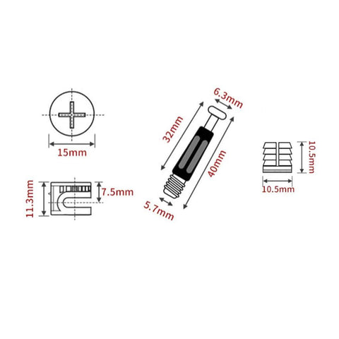 Diagram of 3 in 1 furniture connecting fittings kit with 30 cam fittings, dowels, pre-inserted nuts, measurements shown.