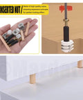 Three In One Furniture Connecting Kit With 270 Pieces Including Nickel Plated Cam Lock Nuts Dowel Pins In Three Sizes And PreInserted Nuts Bolts Fasteners For Cabinets Drawers And Wood Furniture Assembly shown with components and dowels.