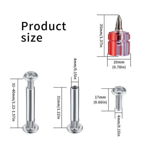Product size of M4 Furniture Bolts And Sleeves 130 Pcs Cabinet Panel Connectors with Philips Head, showing measurements and screwdriver.