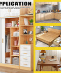 Three In One Furniture Connecting Kit With 270 Pieces Including Nickel Plated Cam Lock Nuts Dowel Pins In Three Sizes And PreInserted Nuts Bolts Fasteners For Cabinets Drawers And Wood Furniture Assembly shown used in kitchen, wardrobe, bed, and desk applications.