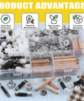 Three In One Furniture Connecting Kit With 270 Pieces Including Nickel Plated Cam Lock Nuts Dowel Pins In Three Sizes And PreInserted Nuts Bolts Fasteners For Cabinets Drawers And Wood Furniture Assembly, product components organized in a storage box.