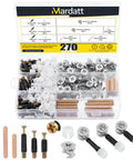 Three In One Furniture Connecting Kit with 270 pieces including nickel plated cam lock nuts, dowel pins, preinserted nuts shown in case.