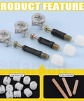 Three In One Furniture Connecting Kit With 270 Pieces Including Nickel Plated Cam Lock Nuts Dowel Pins In Three Sizes And PreInserted Nuts Bolts Fasteners For Cabinets Drawers And Wood Furniture Assembly product features display.