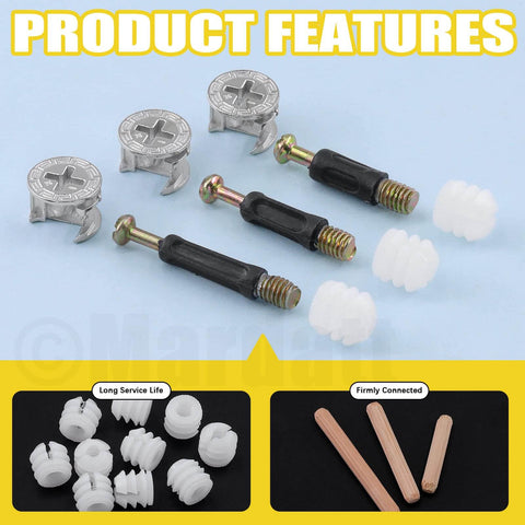 Three In One Furniture Connecting Kit With 270 Pieces Including Nickel Plated Cam Lock Nuts Dowel Pins In Three Sizes And PreInserted Nuts Bolts Fasteners For Cabinets Drawers And Wood Furniture Assembly product features display.