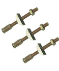 Three pieces of Four In One M8 Panel Furniture Connectors Kit Six Pieces For Wardrobe Table And Bed Assembly With 100 Mm Bolts Nuts And Half Moon Spacers
