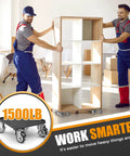 Two men using Heavy Duty 1500LBS Furniture Dolly & Movers with 5X 360° Wheels in office, carbon steel panel visible