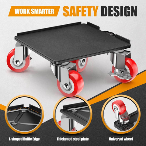 Heavy Duty 1500LBS Furniture Dolly & Movers with 5X 360° Wheels - Carbon Steel Panel & Non-Slip Casters, red wheels, safety design