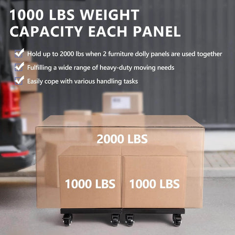 Heavy Duty Furniture Dolly 2000lbs Capacity with 4 Wheel Furniture Movers featuring brakes, splicing size 16" x 25" shown with boxes.