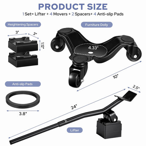 Diagram of ✝️ Furniture Dolly, 1150LBS Furniture Lifter Tool Set with 10" size, 3-wheel dolly, heightening spacers, and lifter parts shown.
