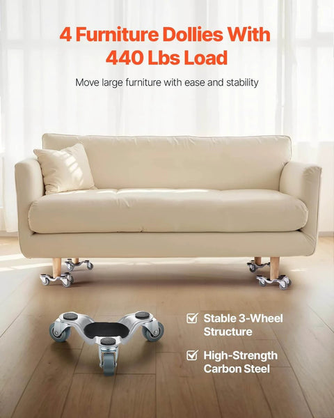 ✝️ Furniture Dolly, 4 Pack 6-Inch Steel Tri-Dolly with 360° PP Swivel Wheels and Non-Slip Cap, moving sofa in living room