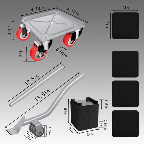 Dimensions and components of Furniture Dolly with 5 Wheels, Heavy Duty Carbon Steel Panel Furniture Movers, 360° Rotatable Rubber Universal Wheels.