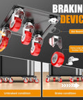✝️ Heavy Duty 1500LBS Furniture Dolly & Movers with 5X 360° Wheels - Carbon Steel Panel & Non-Slip Casters braking device diagram