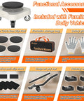 Functional accessories for Furniture Dolly, including non-slip pad, storage bag, gloves, anti-slip mats, pry bar, and raising block.