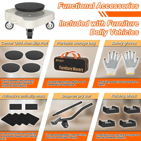 Functional accessories for Furniture Dolly, including non-slip pad, storage bag, gloves, anti-slip mats, pry bar, and raising block.