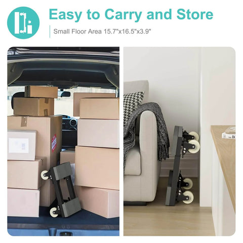 Heavy duty adjustable furniture moving dolly set of 2 with 4 swivel caster wheels in car trunk and next to sofa