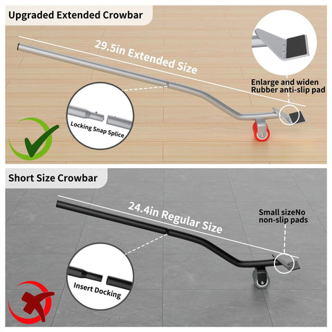 Comparison of upgraded 29.5in extended crowbar with rubber pad against short 24.4in crowbar for Oversize Furniture Dolly with 5 Wheels.