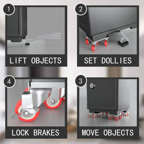 Furniture Dolly with 5 Wheels, Heavy Duty Carbon Steel Panel Furniture Movers in use, showing lifting, setting, locking, and moving functions