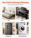Bed, piano, refrigerator, and washing machine with text promoting Furniture Dolly, 4 Pack 6-Inch Steel Tri-Dolly with 360° PP Swivel Wheels.